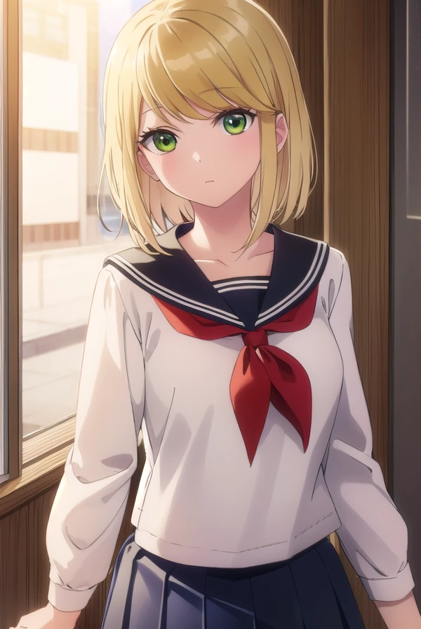 desumimagahara, <lora:desumi magahara s1-lora-nochekaiser:1>,
desumi magahara, short hair, blonde hair, (green eyes:1.3),
BREAK skirt, long sleeves, school uniform, pleated skirt, serafuku, sailor collar, neckerchief, red neckerchief,
BREAK indoors, classroom,
BREAK looking at viewer, (cowboy shot:1.5),
BREAK <lyco:GoodHands-beta2:1>, (masterpiece:1.2), best quality, high resolution, unity 8k wallpaper, (illustration:0.8), (beautiful detailed eyes:1.6), extremely detailed face, perfect lighting, extremely detailed CG, (perfect hands, perfect anatomy),