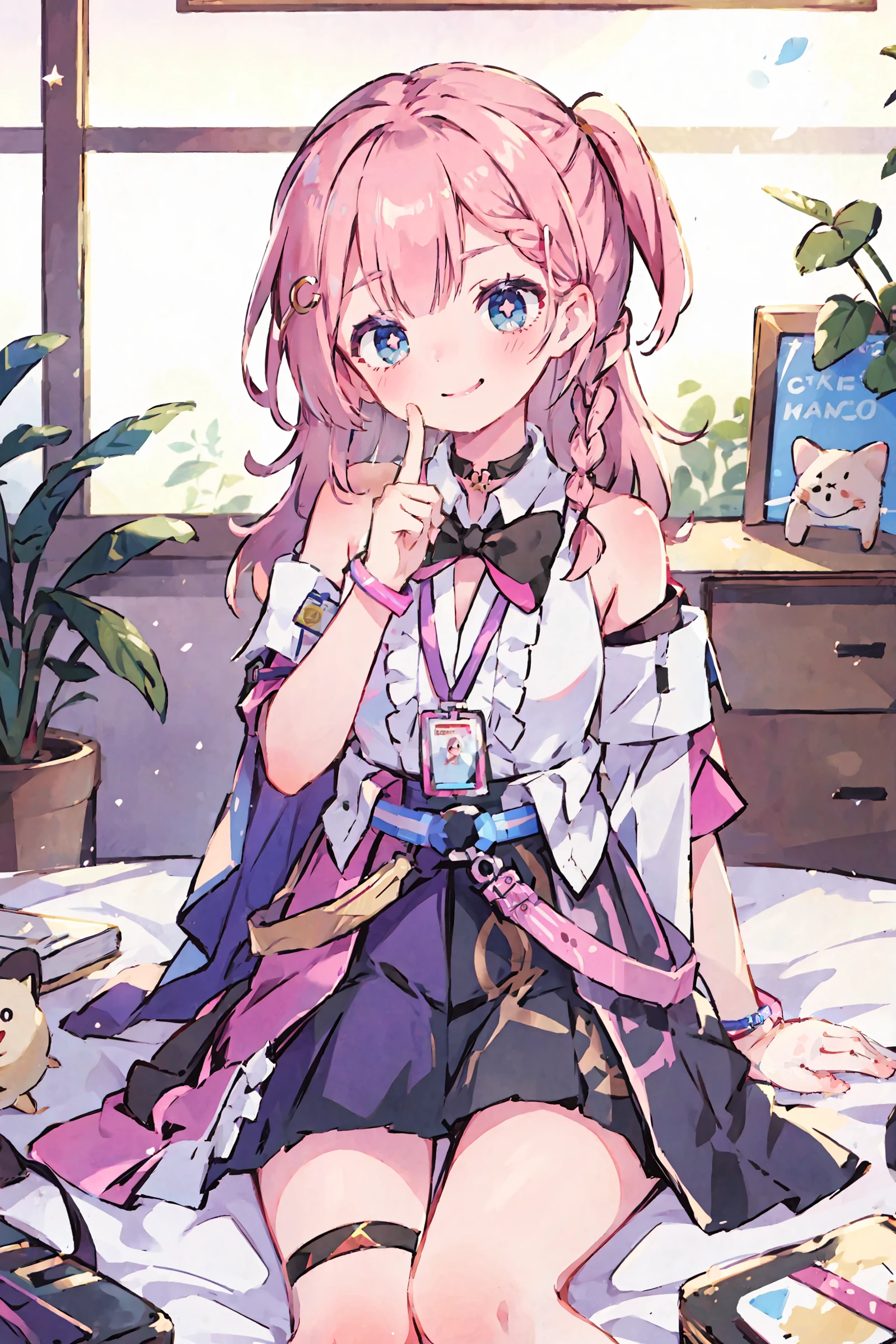 1girl, asta \(honkai: star rail\), detached sleeves, sleeveless shirt, id card, high-waist skirt, overskirt, thigh strap, bracelet, hairpin, belt, bowtie, choker, looking at viewer, head tilt, smug, smile, blush, sitting, cowboy shot, finger to cheek, bedroom, indoors, depth of field, masterpiece