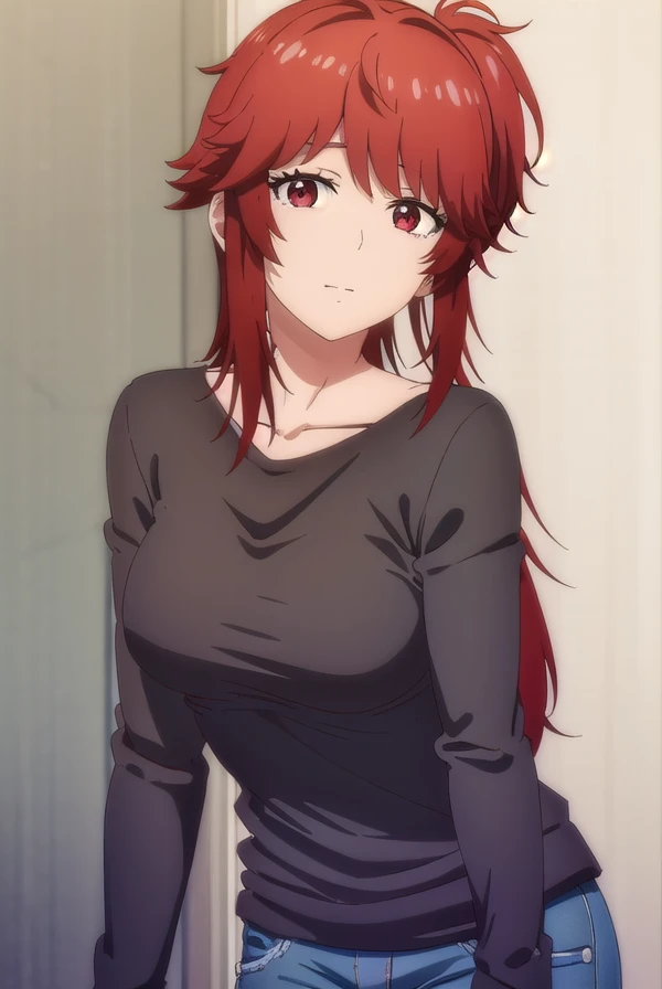 akemiaizawa, <lora:akemi aizawa s1-lora-nochekaiser:1>,
akemi aizawa, (red eyes:1.3), red hair, medium hair, ponytail, smile,
BREAK shirt, long sleeves, collarbone, black shirt, pants, denim,
BREAK indoors,
BREAK looking at viewer, (cowboy shot:1.5),
BREAK <lyco:GoodHands-beta2:1>, (masterpiece:1.2), best quality, high resolution, unity 8k wallpaper, (illustration:0.8), (beautiful detailed eyes:1.6), extremely detailed face, perfect lighting, extremely detailed CG, (perfect hands, perfect anatomy),