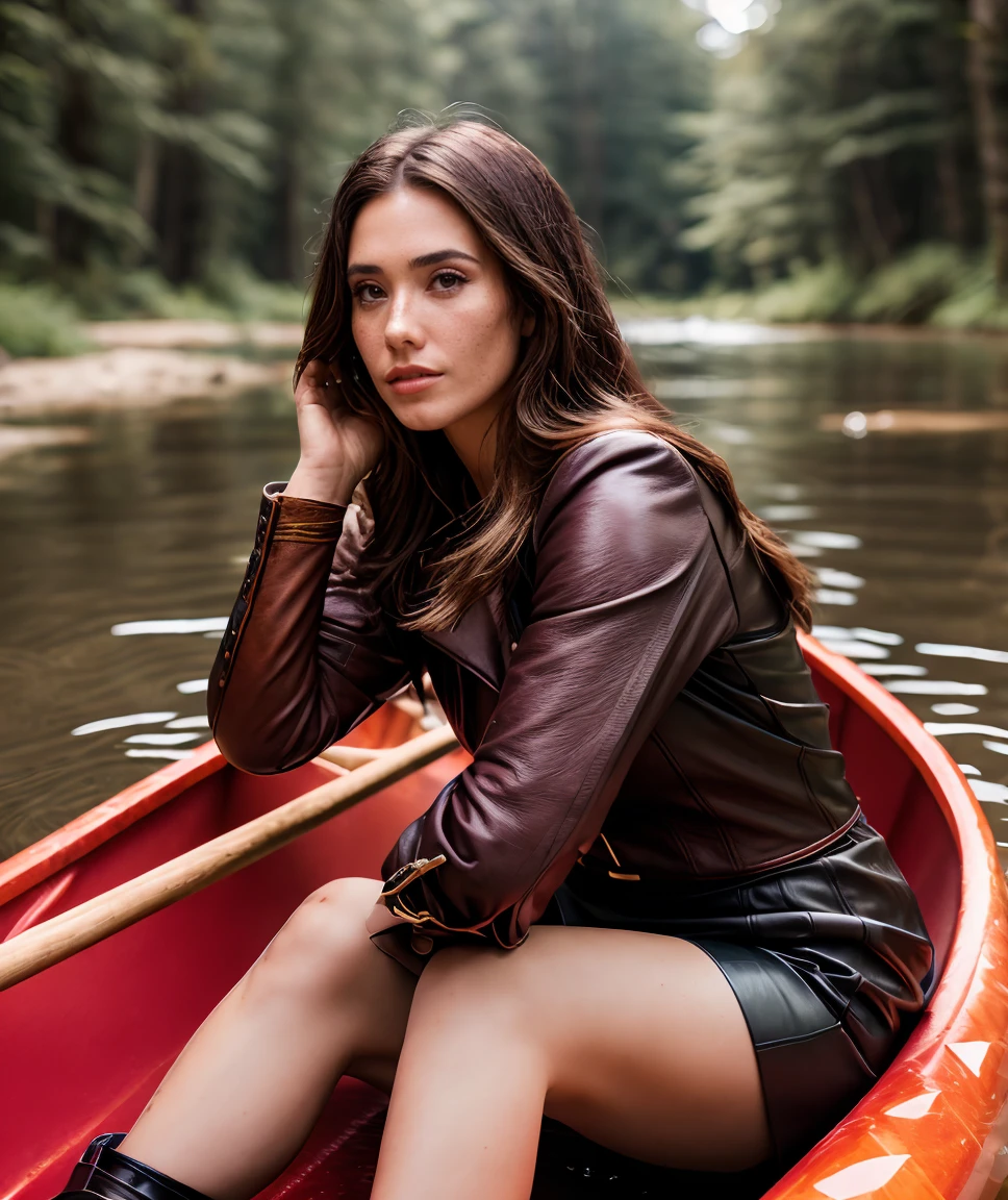 cinematic photo , lens flare, realistic, depth of field, RAW photo, <lora:quiron_Eva Lovia_v1_lora:0.97> EvaLoviaQuiron woman, a woman Dressed in the (style of Baroque Summoner leather outfit Dapper Pink Medieval armor) (with Glowing Forest in the background ), Sitting, pretending to paddle in a canoe, . 35mm photograph, film, bokeh, professional, 4k, highly detailed