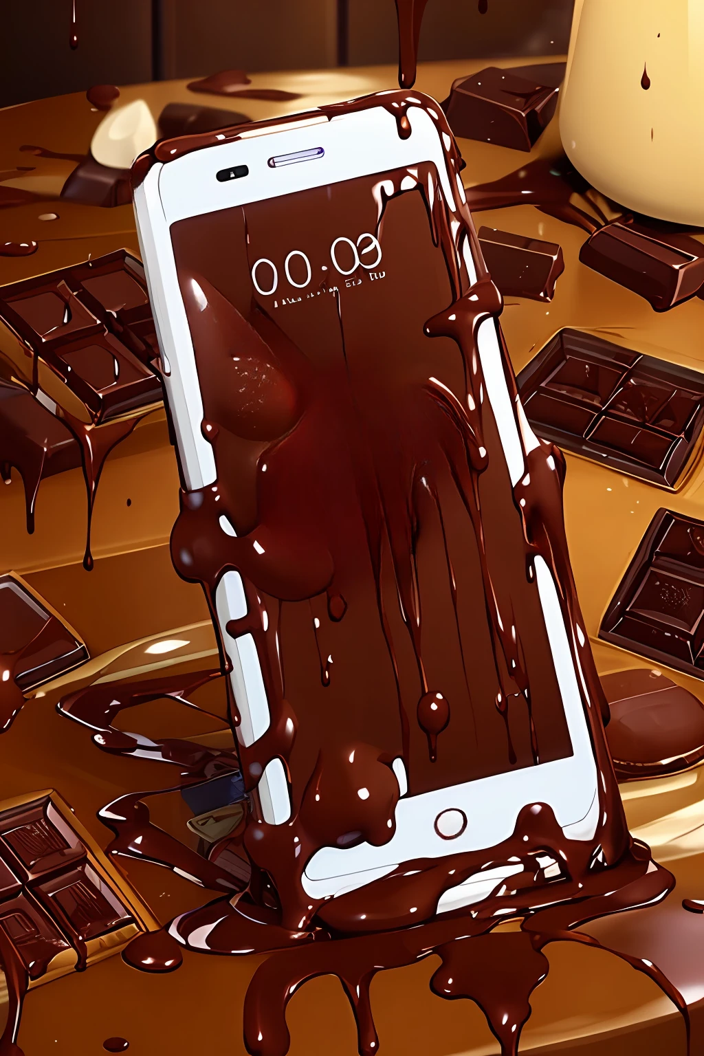 <lora:echocolate_09_ver:0.5>, echocolate,melted chocolate,(smartphone made of chocolate:1.5),