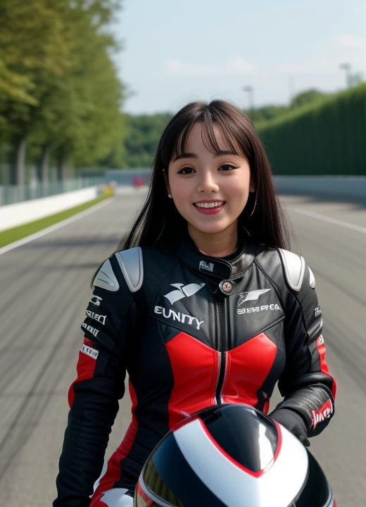 photo of smiling cc, a woman as a moto racer, arms behind back, F-cup, wearing Formula 1 racing suit, modelshoot style, (extremely detailed CG unity 8k wallpaper), trending on ArtStation, trending on CGSociety, Intricate, High Detail, Sharp focus, dramatic, photorealistic, (looking at viewer:1.2), (detailed pupils:1.3), full body, riding on a CBR500 motobike