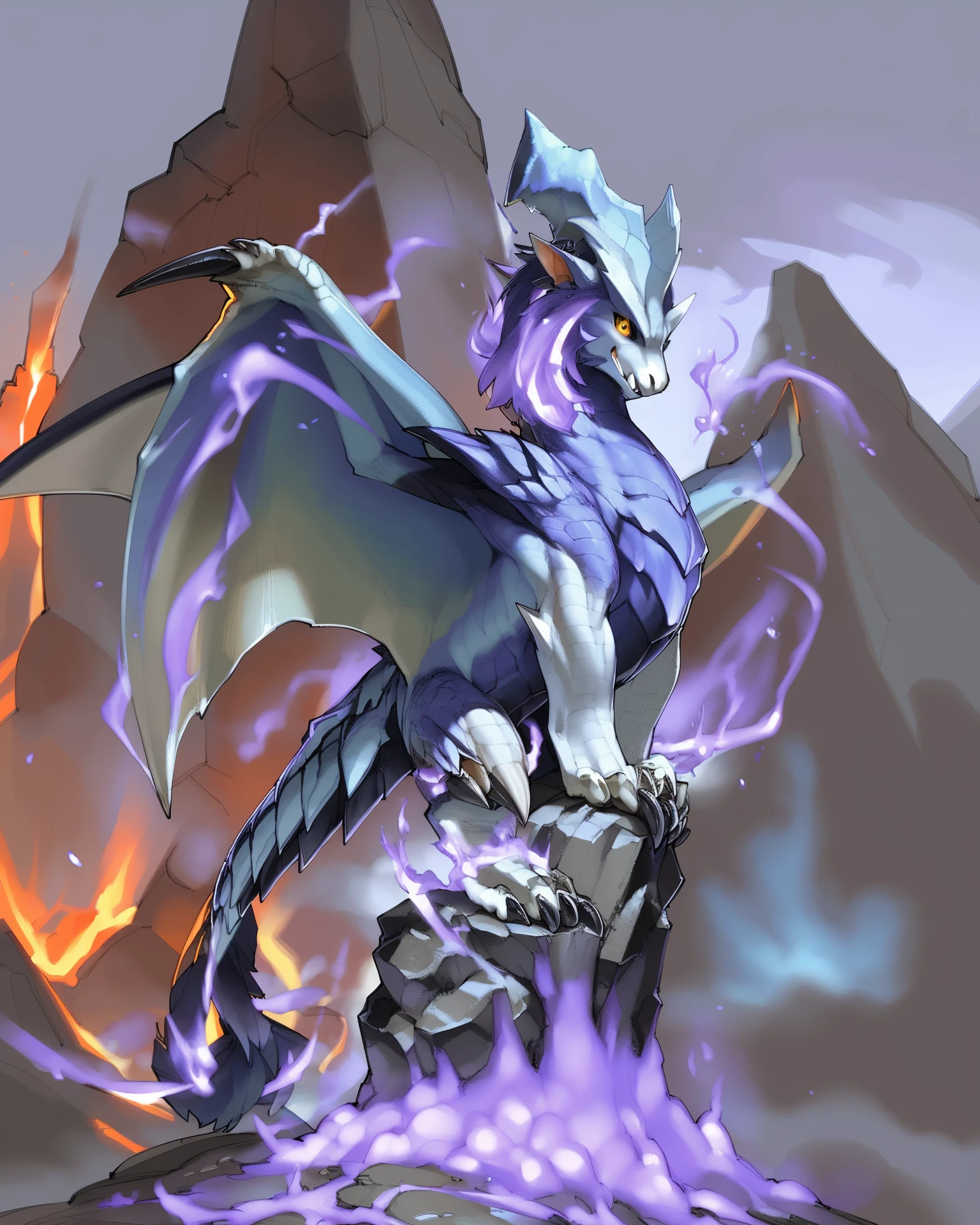 <lora:MH_Lunastra & Teostra_a2_3_VPred:1>,
feral,lunastra,solo,hi res,
detailed background,outdoors,by kame 3,three-quarter view,yellow eyes,black sclera,volcano,purple fire,