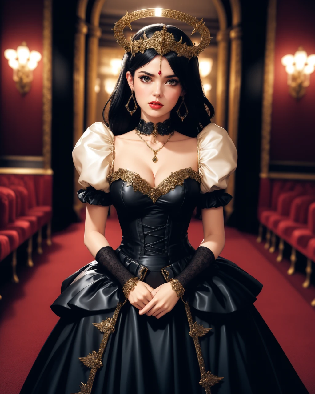 cinematic film still 1girl, solo, photogenic beautiful adult woman, h4lo, gothic, cleavage, chains, black hair, complicated halo headpiece, (anger),waist, age 30, grand hall, <lora:HaloHeadpiece-30:0.9>, BREAK,  prada fashion ballgown, collar, puffy sleeves, jewelry, earrings, full body, . shallow depth of field, vignette, highly detailed, high budget, bokeh, cinemascope, moody, epic, gorgeous, film grain, grainy