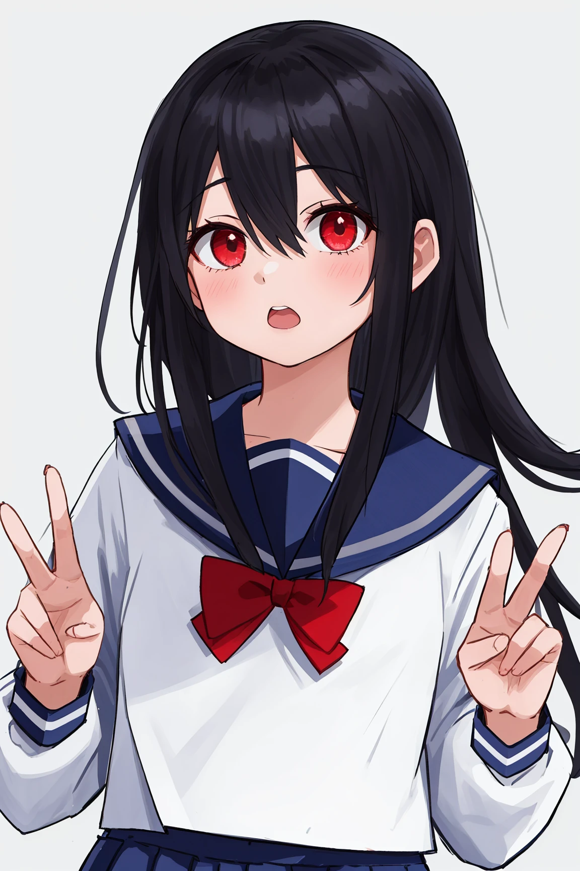 1girl, solo, black hair, long hair, bangs, hair between eyes, eyebrows visible through hair, looking at viewer, white shirt, serafuku, red bow, red bowtie, blue sailor collar, sailor collar, bowtie, long sleeves, blue skirt, pleated skirt, simple backgroundbest quality, amazing quality, very aesthetic, absurdres