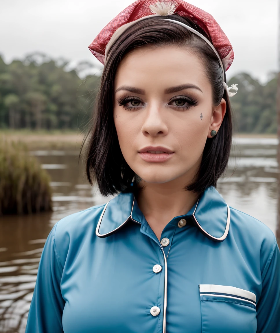cinematic photo (detailed face), realistic, style raw, <lora:quiron_KatrinaJade_v1_lora:0.77> KatrinaJadeQuiron woman Dressed in the (style of Pop culture Explorer modest outfit Retro Ruby Flannel pajamas with Fascinator and Scroll) (with Misty Marshlands in the background ), Mimicking the walk of a penguin, . 35mm photograph, film, bokeh, professional, 4k, highly detailed
