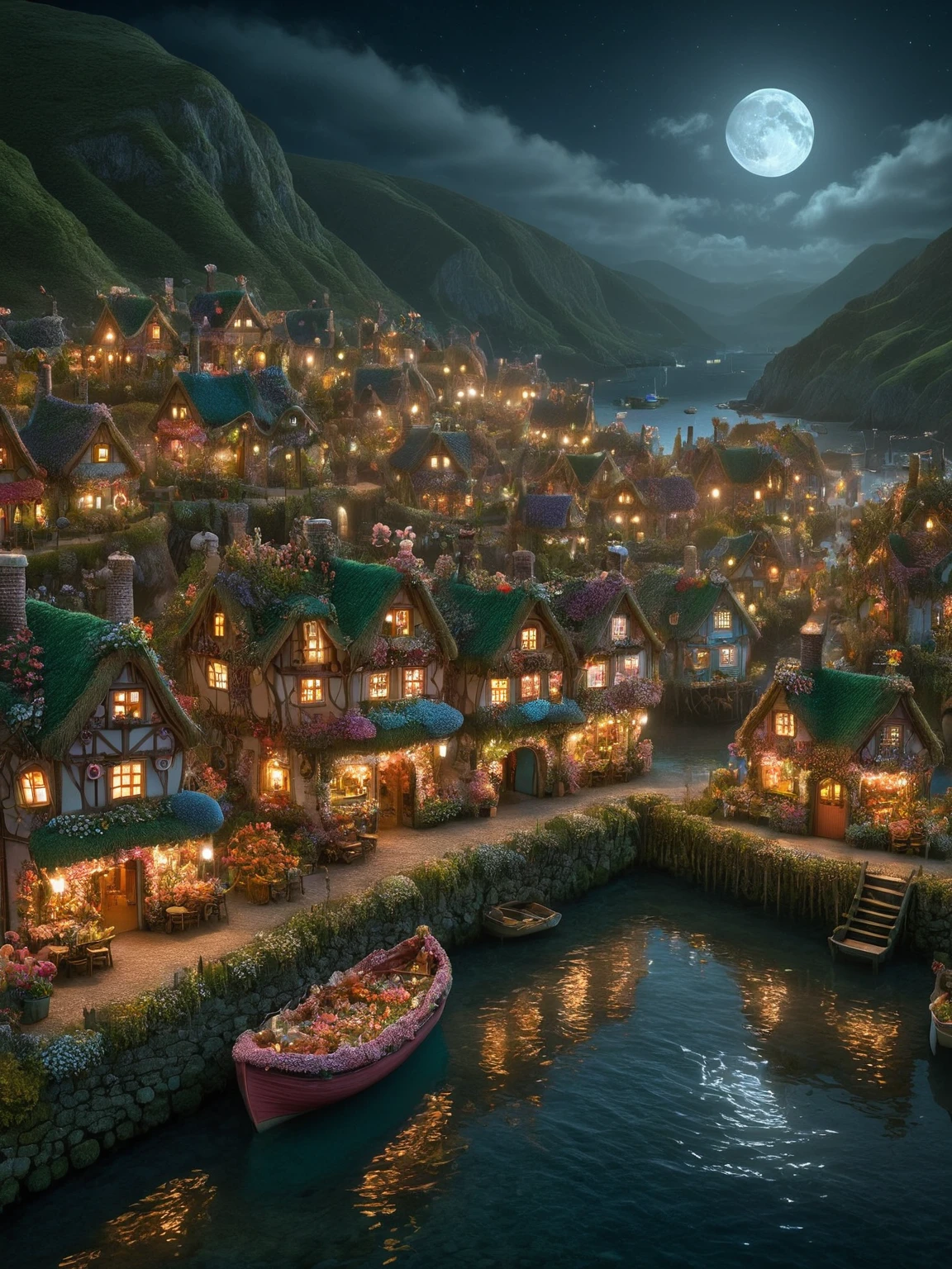 a whimsical scene of a ais-flowery fairy village at night, with tiny habor, fishing boats, shops, houses, pub, bakery, butchers, bridges, and gardens all intricately made of ais-flowery, smoke from chimneys, buildings with ethereal lights, dark, atmospheric, dynamic, cinematic, masterpiece, intricate, hdr. <lora:Flowery_Style_SDXL:1>,<lora:EnvyBetterHiresFixXL01:0:hr=1>