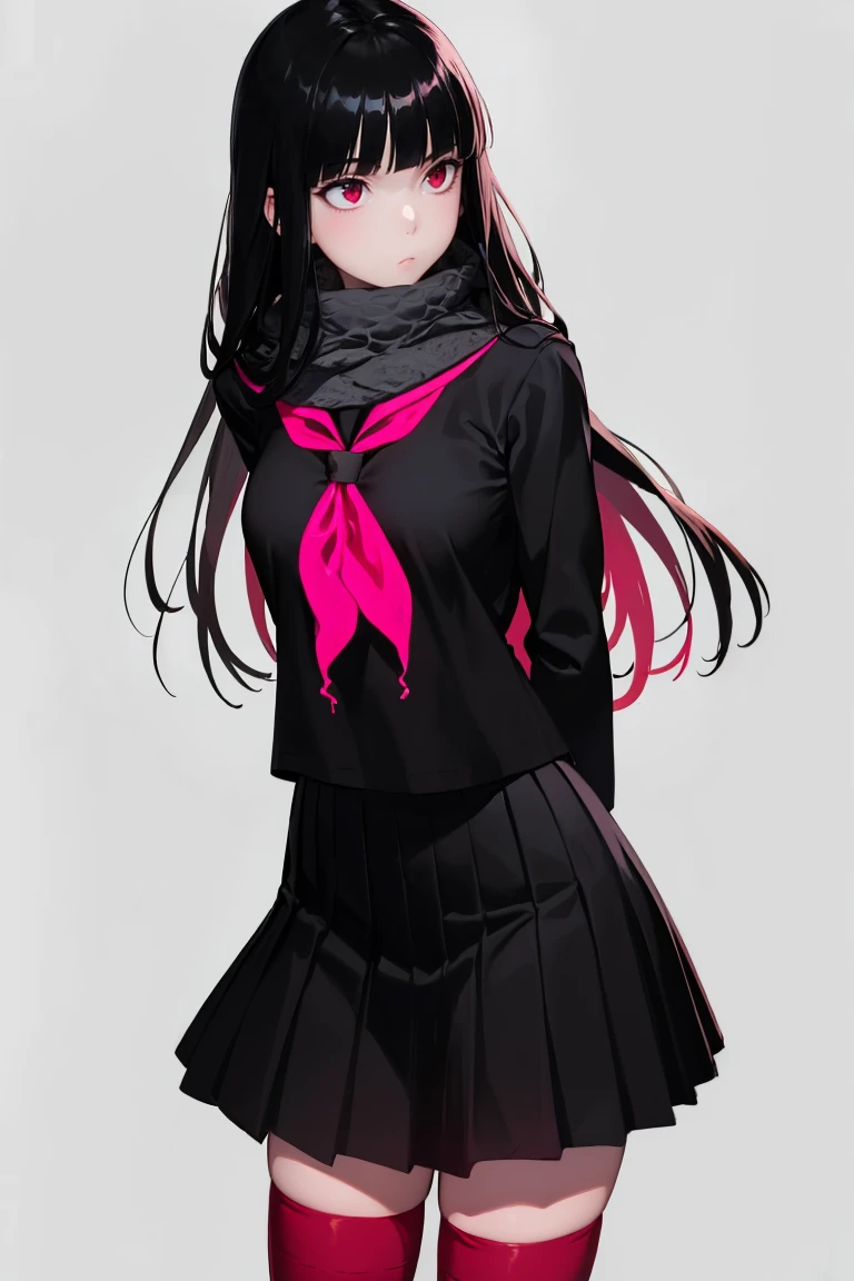 masterpiece, best quality, absurdres, 1girl, solo, Oryou, black scarf, red neckerchief, black serafuku, black shirt, black skirt, red thighhighs, standing, arms behind back, expressionless, white background, simple background, <lora:CHAR-Oryou:1>