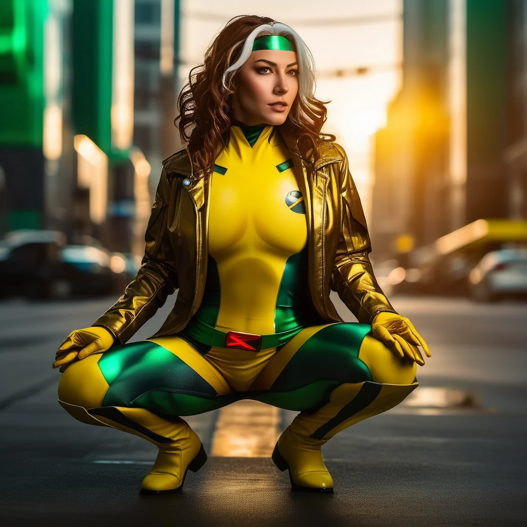 Rogue1024, a woman full body,  wears a yellow and green superhero suit and a jacket, cyberpunk city background, highly detailed,  photography, ultra sharp, film, professional, 64k  <lora:add-detail-xl:1.5> <lora:Rogue1024:0.8>