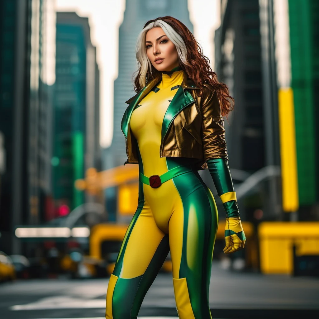 Rogue1024, a woman full body,  wears a yellow and green superhero suit and a jacket, cyberpunk city background, highly detailed,  photography, ultra sharp, film, professional, 64k  <lora:add-detail-xl:1.5> <lora:Rogue1024:0.8>