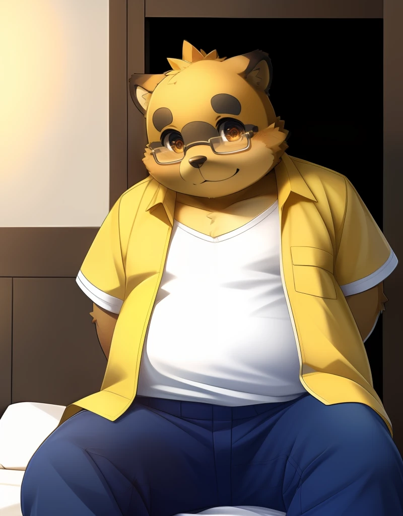 (((detailed eyes, detailed face))), (furry, kounosuke <lora:character_kounosuke_findigo_v2:1>, brown cheek, brown mouth, brown eyes, glasses), male, (solo), (plump, fat, chubby, overweight), (yellow jacket, open clothes, white shirt, blue pants), sitting, (arms behind back), smile BREAK (konzaburou, ukan_muri), bedroom, (flat shading, flat color, high brightness), 8k, UHD, masterpiece, (full body)
