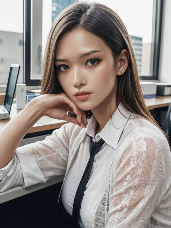 best quality, 4k, 8k, ultra highres, raw photo in hdr, sharp focus, intricate texture, skin imperfections, smooth skin, realistic, detailed facial features, highly detailed face, sitting in a office, smart outfit,