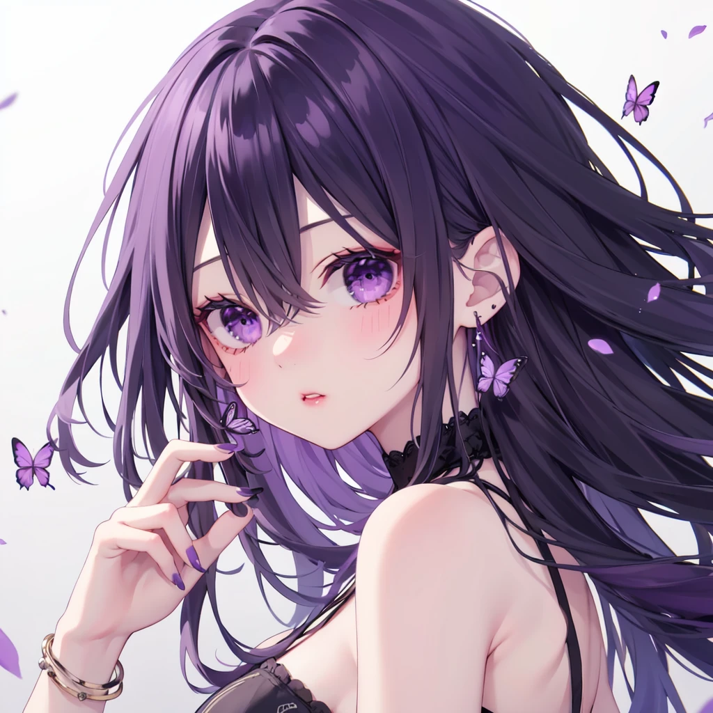 1girl,solo,purple eyes,long hair,earrings,jewelry,butterfly,looking at viewer,hair between eyes,bangs,purple nails,bare shoulders,parted lips,upper body,nail polish,black background,floating hair,purple hair,looking to the side,lipstick,hand up,looking back,