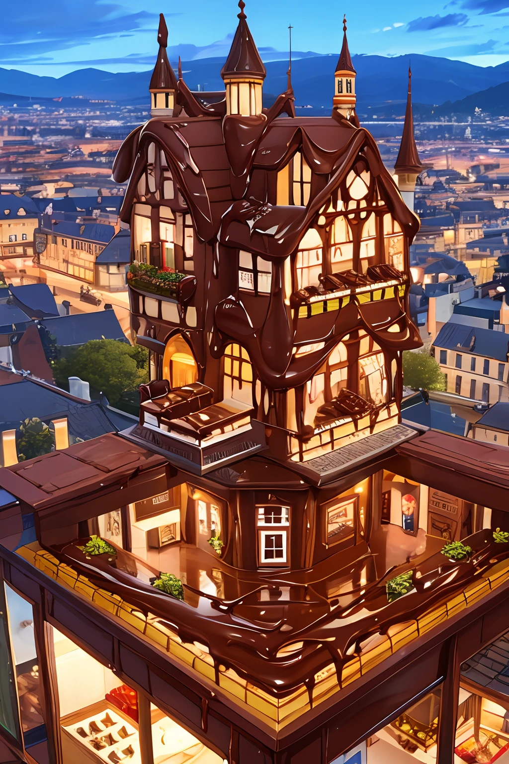 <lora:echocolate_09_ver:0.4>, echocolate,melted chocolate,landscape,city,house made of chocolate,sweets house
