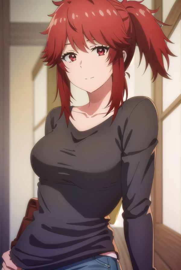 akemiaizawa, <lora:akemi aizawa s1-lora-nochekaiser:1>,
akemi aizawa, (red eyes:1.3), red hair, medium hair, ponytail, smile,
BREAK shirt, long sleeves, collarbone, black shirt, pants, denim,
BREAK indoors,
BREAK looking at viewer, (cowboy shot:1.5),
BREAK <lyco:GoodHands-beta2:1>, (masterpiece:1.2), best quality, high resolution, unity 8k wallpaper, (illustration:0.8), (beautiful detailed eyes:1.6), extremely detailed face, perfect lighting, extremely detailed CG, (perfect hands, perfect anatomy),