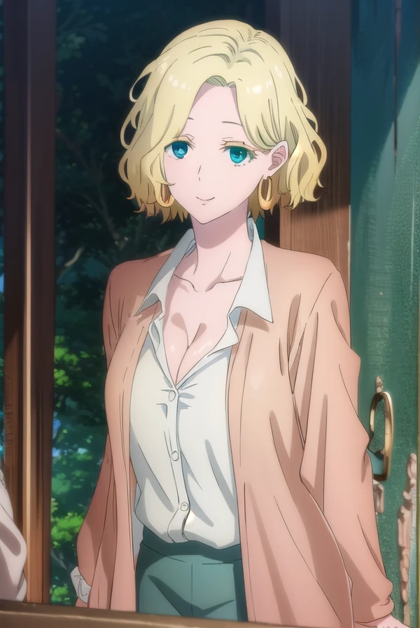 ferrisolston, <lora:ferris olston s1-lora-nochekaiser:1>,
ferris olston, short hair, blonde hair, (green eyes:1.3), mature female, smile,
BREAK shirt, cleavage, jewelry, collarbone, jacket, white shirt, earrings, collared shirt, brown jacket, hoop earrings,
BREAK indoors,
BREAK looking at viewer, (cowboy shot:1.5),
BREAK <lyco:GoodHands-beta2:1>, (masterpiece:1.2), best quality, high resolution, unity 8k wallpaper, (illustration:0.8), (beautiful detailed eyes:1.6), extremely detailed face, perfect lighting, extremely detailed CG, (perfect hands, perfect anatomy),