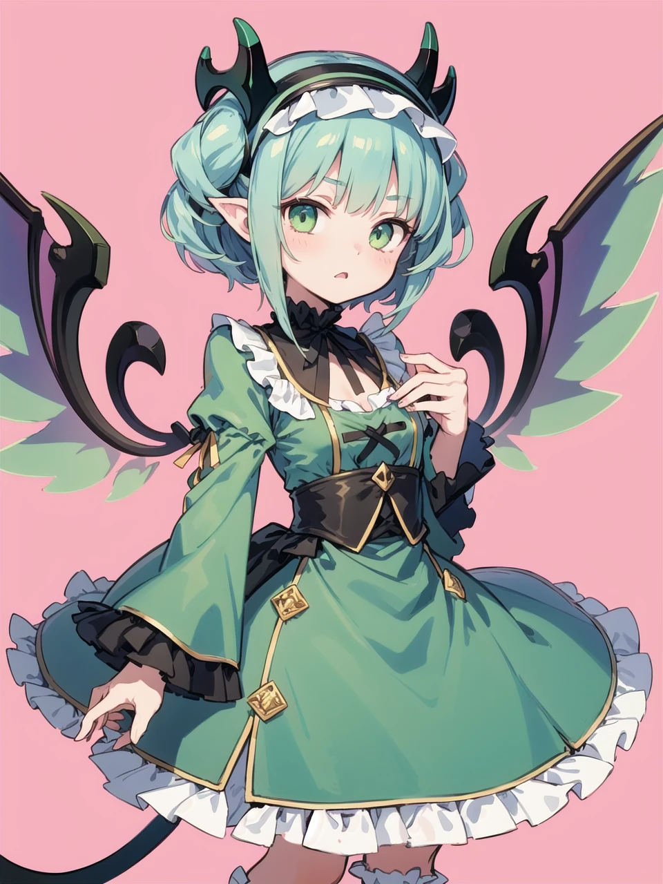 PADastaroth, wings, green hair, hairband, short hair, dress, frills, green eyes, green dress, demon horns, standing <lora:PADastaroth:0.8>