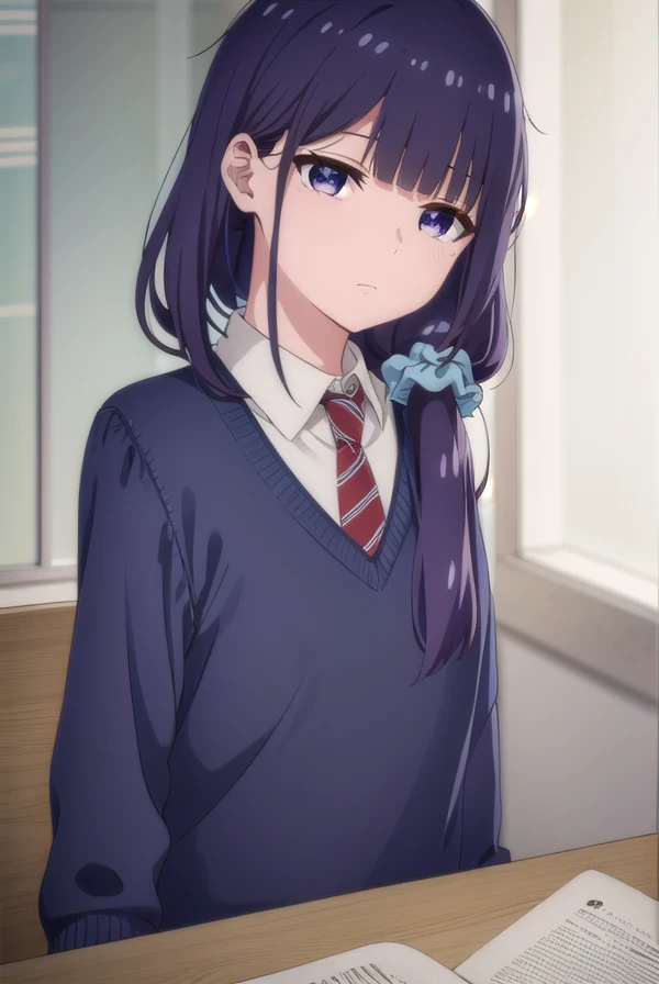 misuzugundou, <lora:misuzu gundou s1-lora-nochekaiser:1>,
misuzu gundou, long hair, bangs, black hair, hair ornament, blunt bangs, scrunchie, hair scrunchie, blue scrunchie, (purple eyes:1.1),
BREAK school uniform, necktie, sweater, red necktie,
BREAK indoors, classroom,
BREAK looking at viewer, (cowboy shot:1.5),
BREAK <lyco:GoodHands-beta2:1>, (masterpiece:1.2), best quality, high resolution, unity 8k wallpaper, (illustration:0.8), (beautiful detailed eyes:1.6), extremely detailed face, perfect lighting, extremely detailed CG, (perfect hands, perfect anatomy),