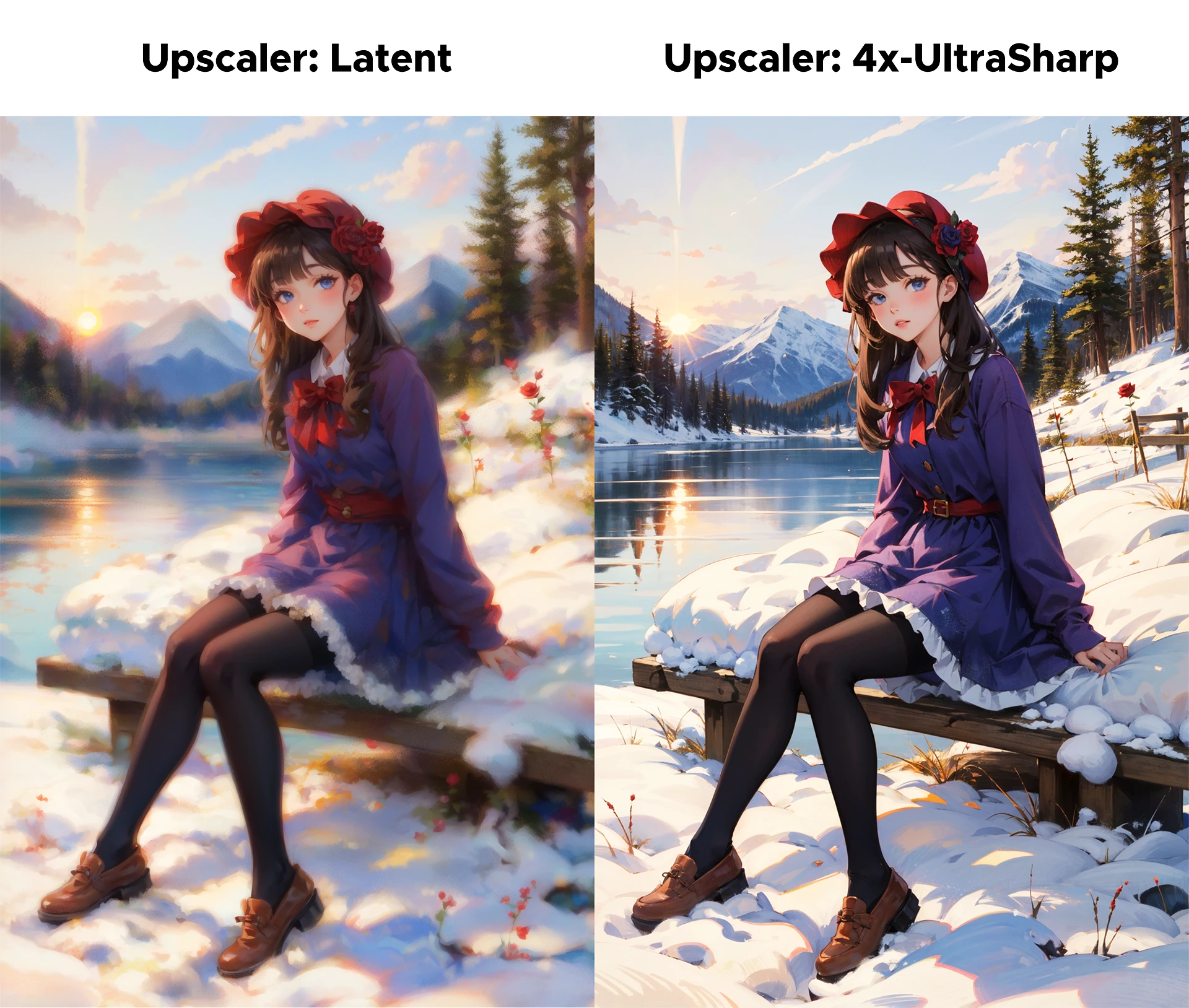 masterpiece, best quality, winter, snow field, 1girl, bangs, blue eyes, blunt bangs, bonnet, brown footwear, brown hair, dress, frills, fruit, full body, hat, long hair, long sleeves, looking at viewer, pantyhose, purple dress, red flower, red rose, rose, shoes, sitting, solo, sky, sun, mountain, forest, lake,