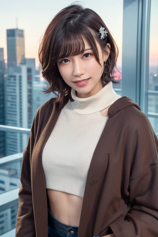 1girl, (wearing a cropped top and long coat:1.2),(RAW photo, best quality), (realistic, photo-realistic:1.4), masterpiece, an extremely delicate and beautiful, extremely detailed, 2k wallpaper, Amazing, finely detail, extremely detailed CG unity 8k wallpaper, ultra-detailed, highres, soft light, beautiful detailed girl, extremely detailed eyes and face, beautiful detailed nose, beautiful detailed eyes,cinematic lighting,(in the city:2.2),perfect anatomy,(slender body:1.0),(close up face:2.2),(gently smile,Friendly, warm:2.0),(looking at viewer:2.0),(young japanese idol:1.8),(wavy hair:1.8), (brown eyes:1.8),(standing:2.0), (cleavage:1.4), <lora:tsuchiyario_lora-11:0.8>