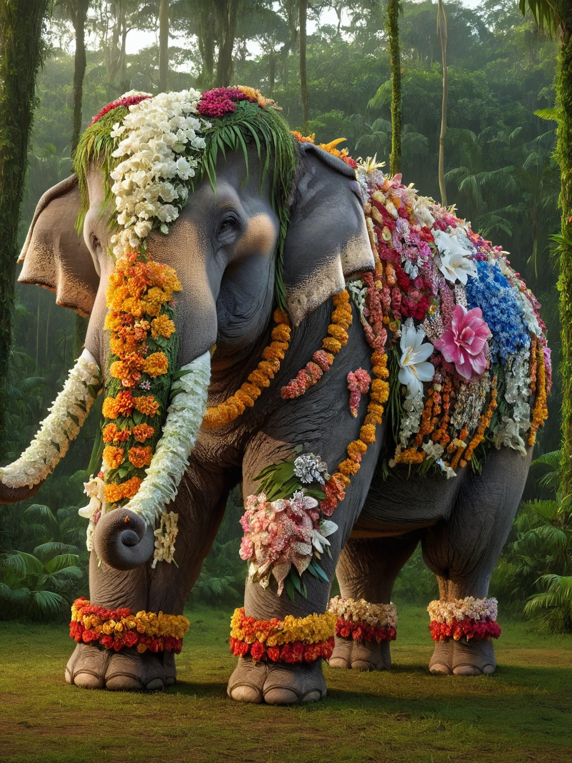 An ais-flowery elephant stood in a jungle clearing <lora:Flowery_Style_SDXL:1>,<lora:EnvyBetterHiresFixXL01:0:hr=1>
