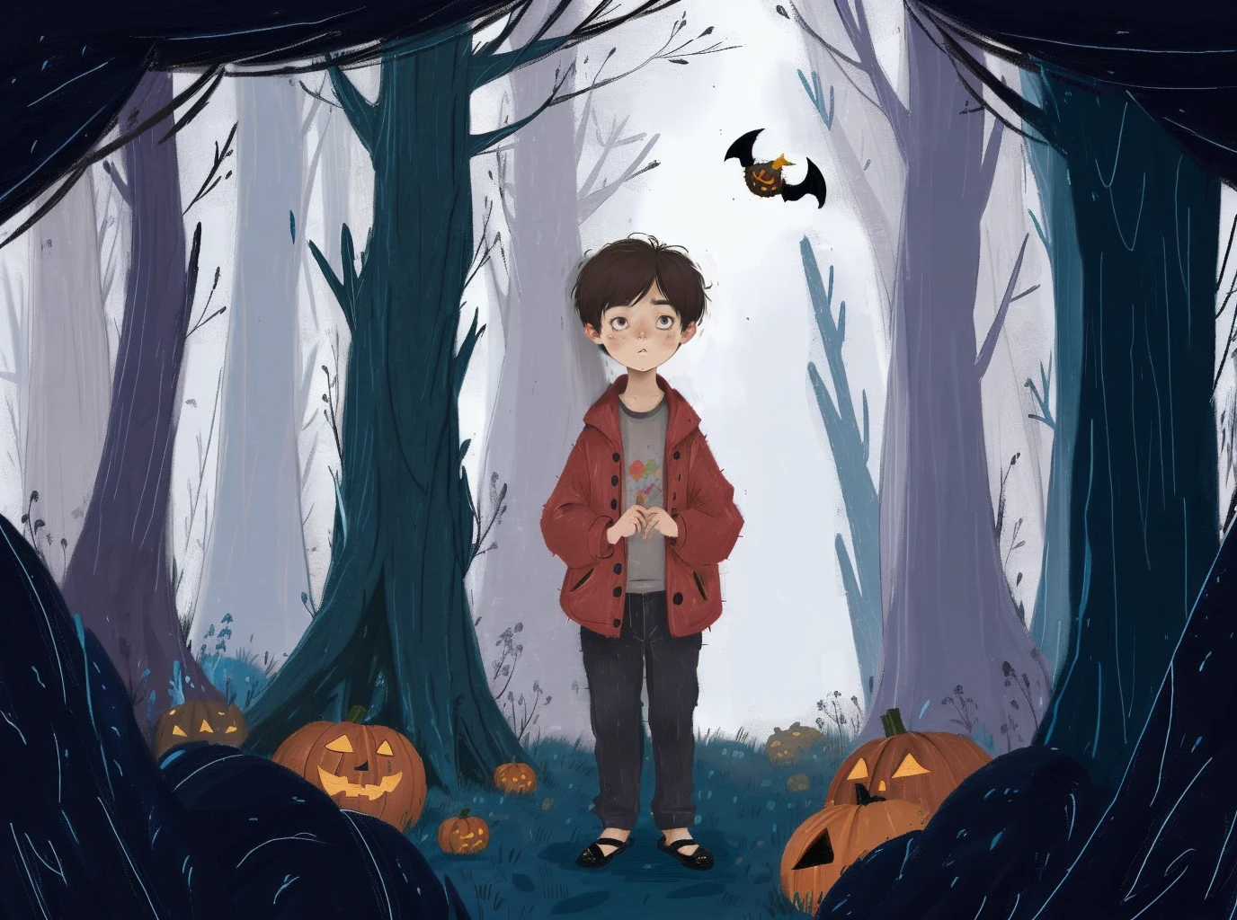 best quality,masterpiece,ultra high res,*****paiting,((1boy)),solo,crayon drawing,
night,outdoors,surreal,halloween,bat,terrible,gloomy,the dark forest,magic,