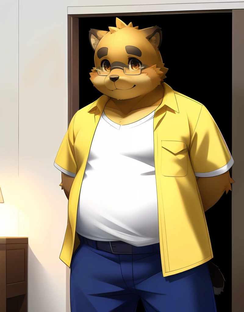 (((detailed eyes, detailed face))), (furry, kounosuke <lora:character_kounosuke_findigo_v2:1>, brown cheek, brown mouth, brown eyes, glasses), male, (solo), (plump, fat, chubby, overweight), (yellow jacket, open clothes, white shirt, blue pants), standing, (arms behind back), smile BREAK (konzaburou, ukan_muri), bedroom, (flat shading, flat color, high brightness), 8k, UHD, masterpiece, (full body)