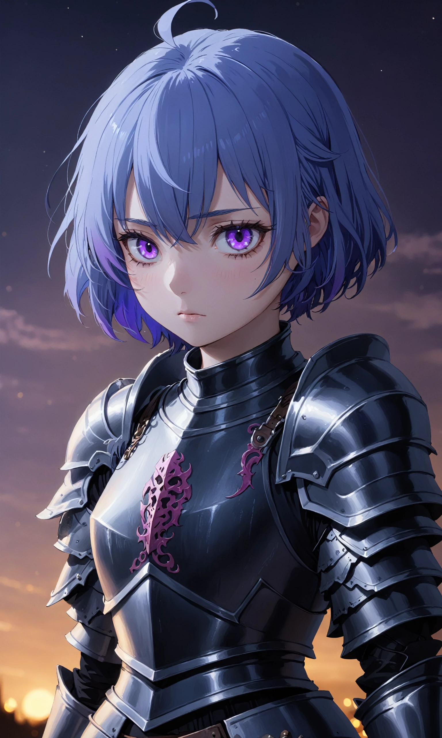 rutiragnason, evil female knight with short blue hair and purple eyes, expressionless, wearing black armor, night sky in the background, sharp focus, highly detailed, dramatic light, cinematic aesthetic, fine detail, intricate, elegant, rich deep colors, perfect, dynamic, vibrant, symmetry <lora:ruti-sdxl-1-000007:0.5>