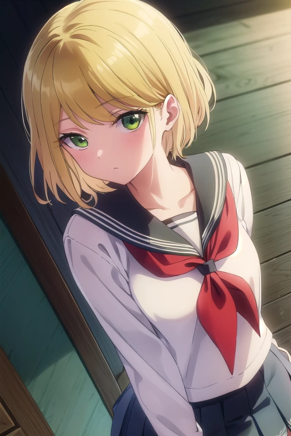 desumimagahara, <lora:desumi magahara s1-lora-nochekaiser:1>,
desumi magahara, short hair, blonde hair, (green eyes:1.3),
BREAK skirt, long sleeves, school uniform, pleated skirt, serafuku, sailor collar, neckerchief, red neckerchief,
BREAK indoors, classroom,
BREAK looking at viewer, (cowboy shot:1.5),
BREAK <lyco:GoodHands-beta2:1>, (masterpiece:1.2), best quality, high resolution, unity 8k wallpaper, (illustration:0.8), (beautiful detailed eyes:1.6), extremely detailed face, perfect lighting, extremely detailed CG, (perfect hands, perfect anatomy),