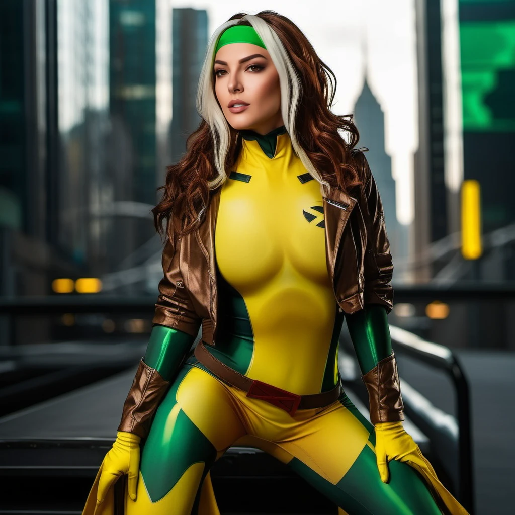 Rogue1024, a woman, portrait, wears a yellow and green superhero suit and a jacket, cyberpunk city background, highly detailed,  photography, ultra sharp, film, professional, 64k  <lora:add-detail-xl:1.5> <lora:Rogue1024:0.8>