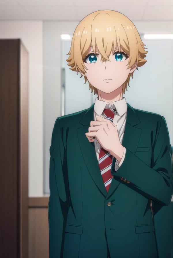 kousukemisaki, <lora:kousuke misaki s1-lora-nochekaiser:1>,
kousuke misaki, short hair, blue eyes, blonde hair, hair between eyes, male focus,
BREAK shirt, long sleeves, school uniform, jacket, white shirt, open clothes, necktie, collared shirt, pants, open jacket, black pants, blazer, red necktie, (green jacket:1.5), brown pants,
BREAK indoors, classroom,
BREAK looking at viewer, (cowboy shot:1.5),
BREAK <lyco:GoodHands-beta2:1>, (masterpiece:1.2), best quality, high resolution, unity 8k wallpaper, (illustration:0.8), (beautiful detailed eyes:1.6), extremely detailed face, perfect lighting, extremely detailed CG, (perfect hands, perfect anatomy),