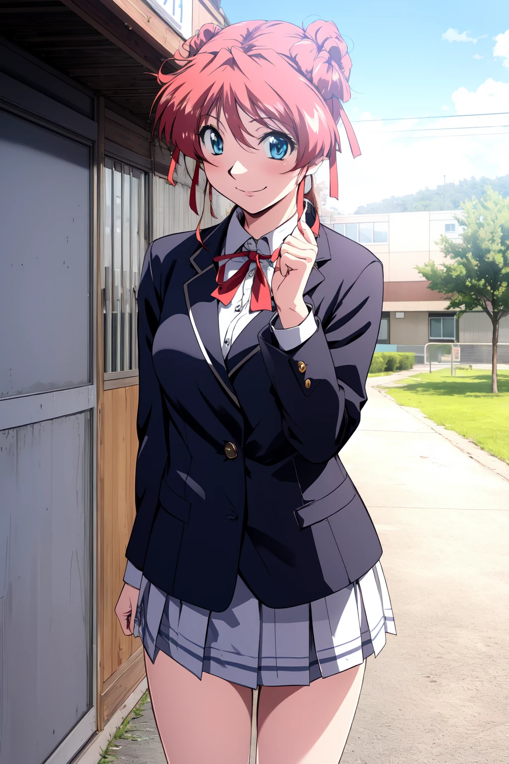 (RAW photo, best quality), 1girl,  natural lighting, smile, outdoor, school,
  <lora:innai_kansen_sonoda_itsumi_v2_2:1>, soneda itsumi, school uniform, black blazer, ribbon, high school girl, JK,