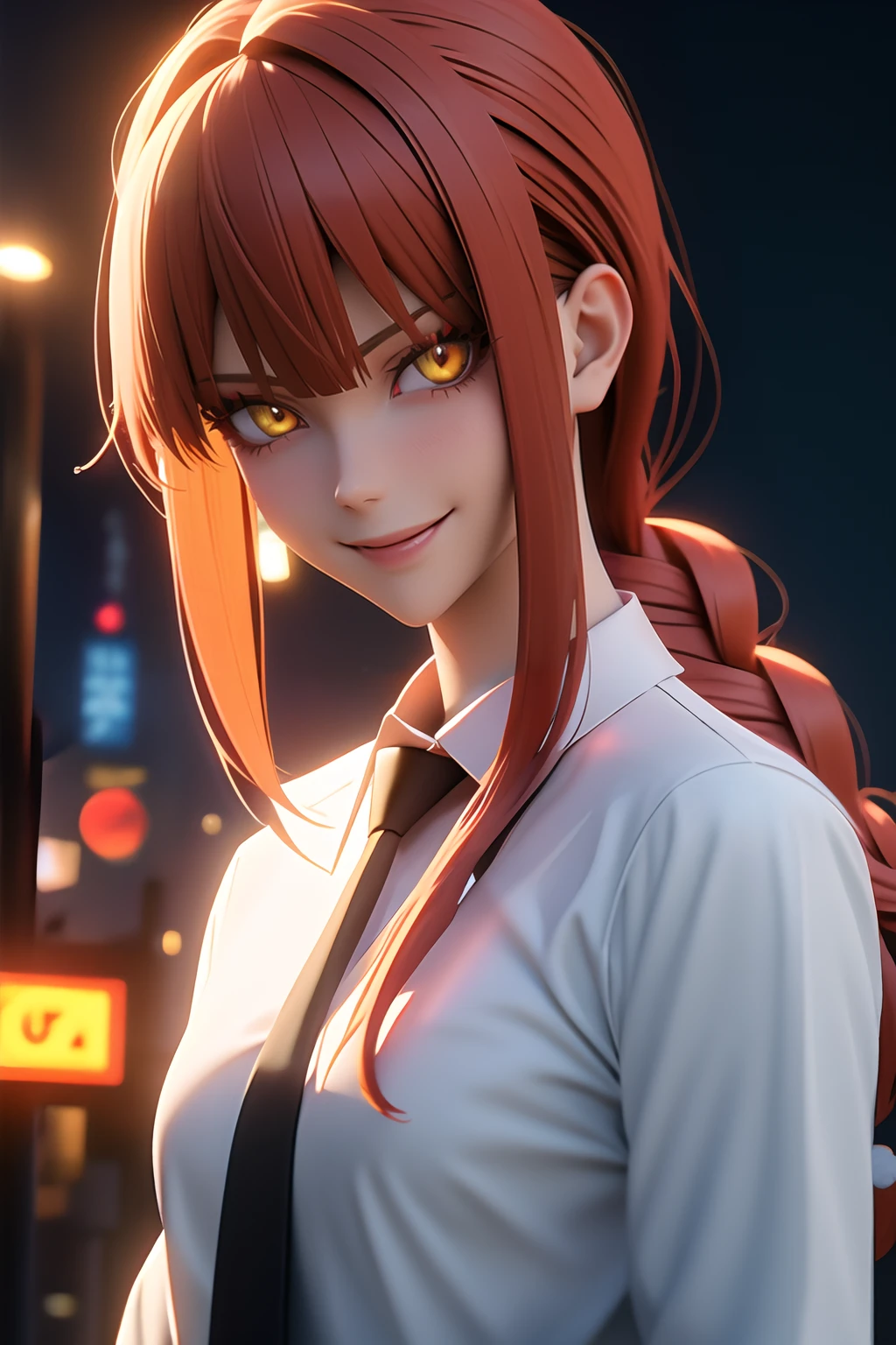 makima (chainsaw man), best quality, ultra detailed, 1girl, solo, standing, red hair, long braided hair, golden eyes, bangs, medium breasts, white shirt, necktie, stare, smile, (evil:1.2), looking at viewer, (interview:1.3), (dark background), from below, sharp contrast , gorgeous detailed eyes, focus , close up shot , glowing orange eyes,front view