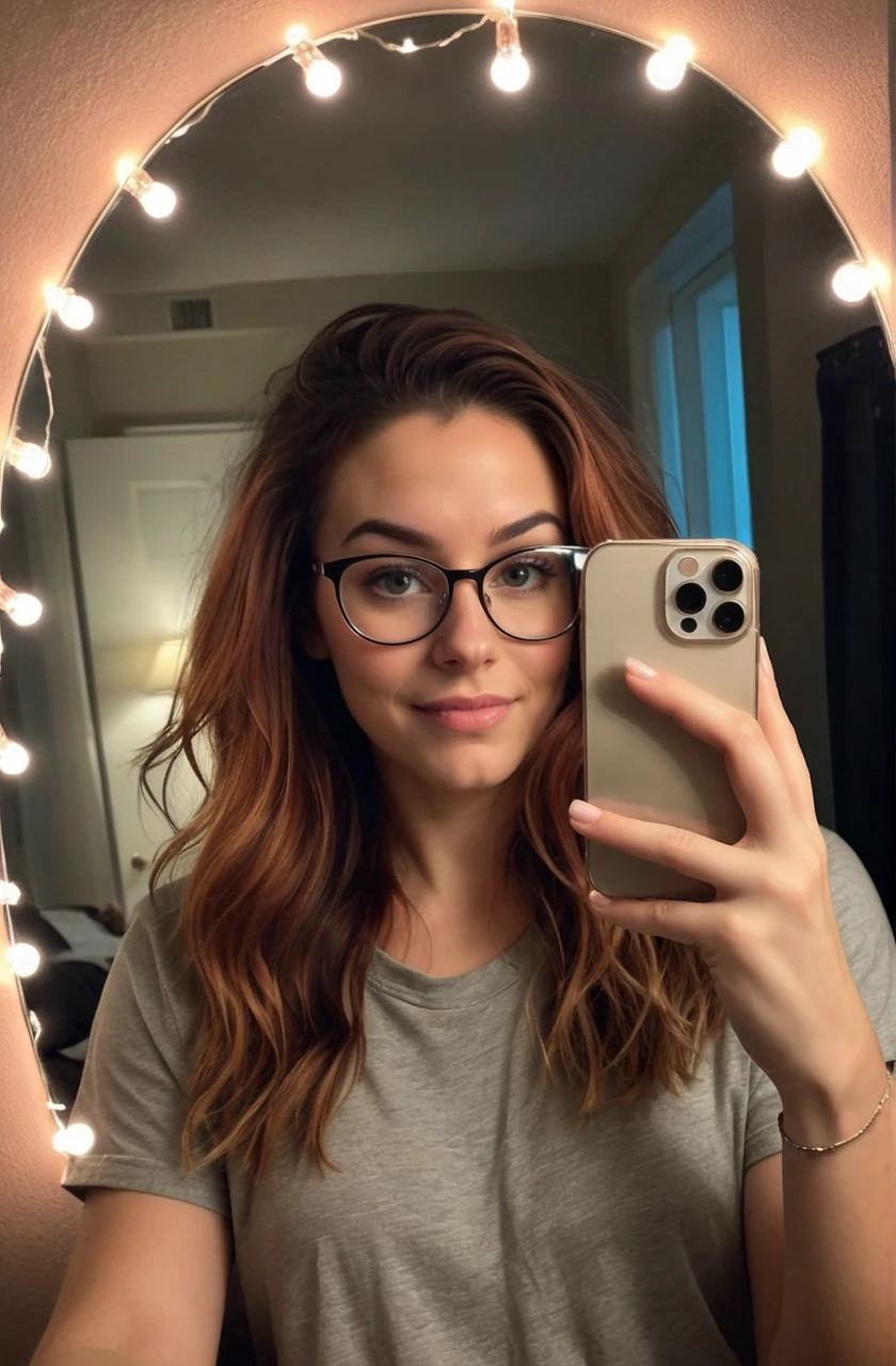 <lora:iphone_mirror_selfie_v01b:1>
((very grainy low resolution:1.2))
iphone mirror selfie
auburn unkempt unwashed hair, woman holding iphone pro, (head cocked and tilted), bedroom at night, cluttered, messy, ((petite)), blush, hair follicles, subcutaneous veins, thicc
slight smile, wearing glasses, dirty wrinkled tshirt, sitting,(soft lighting, fairy string lights,), low key dark lighting, <lora:add-detail-xl:0.5>