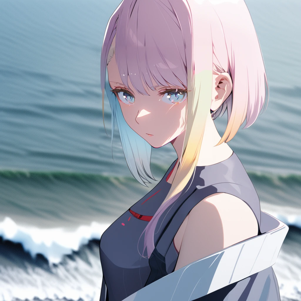 A masterpiece digital art, high resolution, anime style, 4k wallpaper, a portrait of Lucyna standing by ocean <lora:lucy_xl-000027:1>