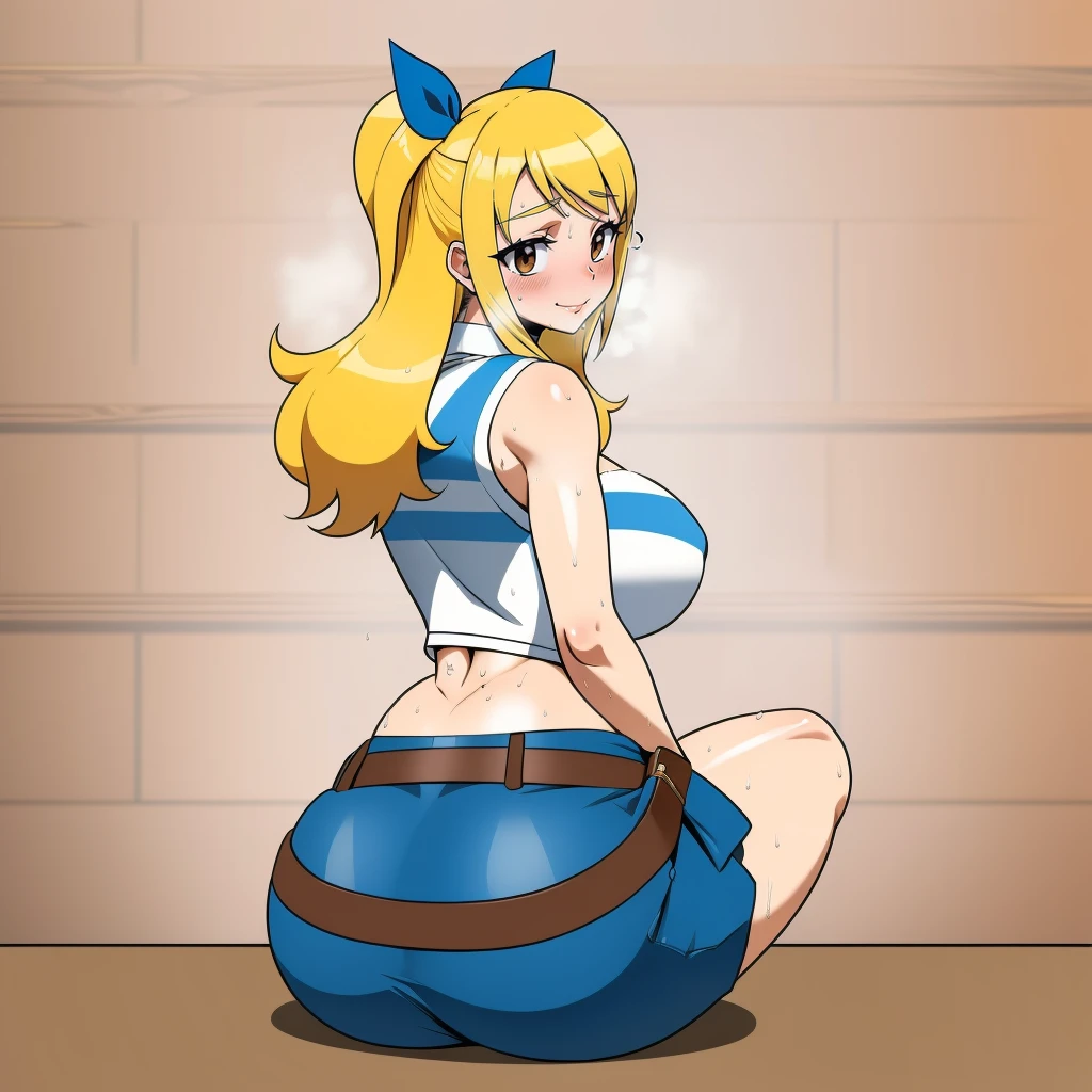 (masterpiece, best quality:1.3), LolliPopConArt, 1girl, solo, looking at viewer, blushing, wide hips, looking back, ass, cowboy shot, sweating, mature female, closed mouth, seductive smile, large breasts, full body, thick thighs, <lora:LolliPopConArt Style Lora:.85>, blonde hair, (light brown eyes), lucy heartfilia, long hair, white shirt, sleeveless, belt, blue skirt, midriff, <lora:lucy_heartfilia_v11:.8>, cleavage