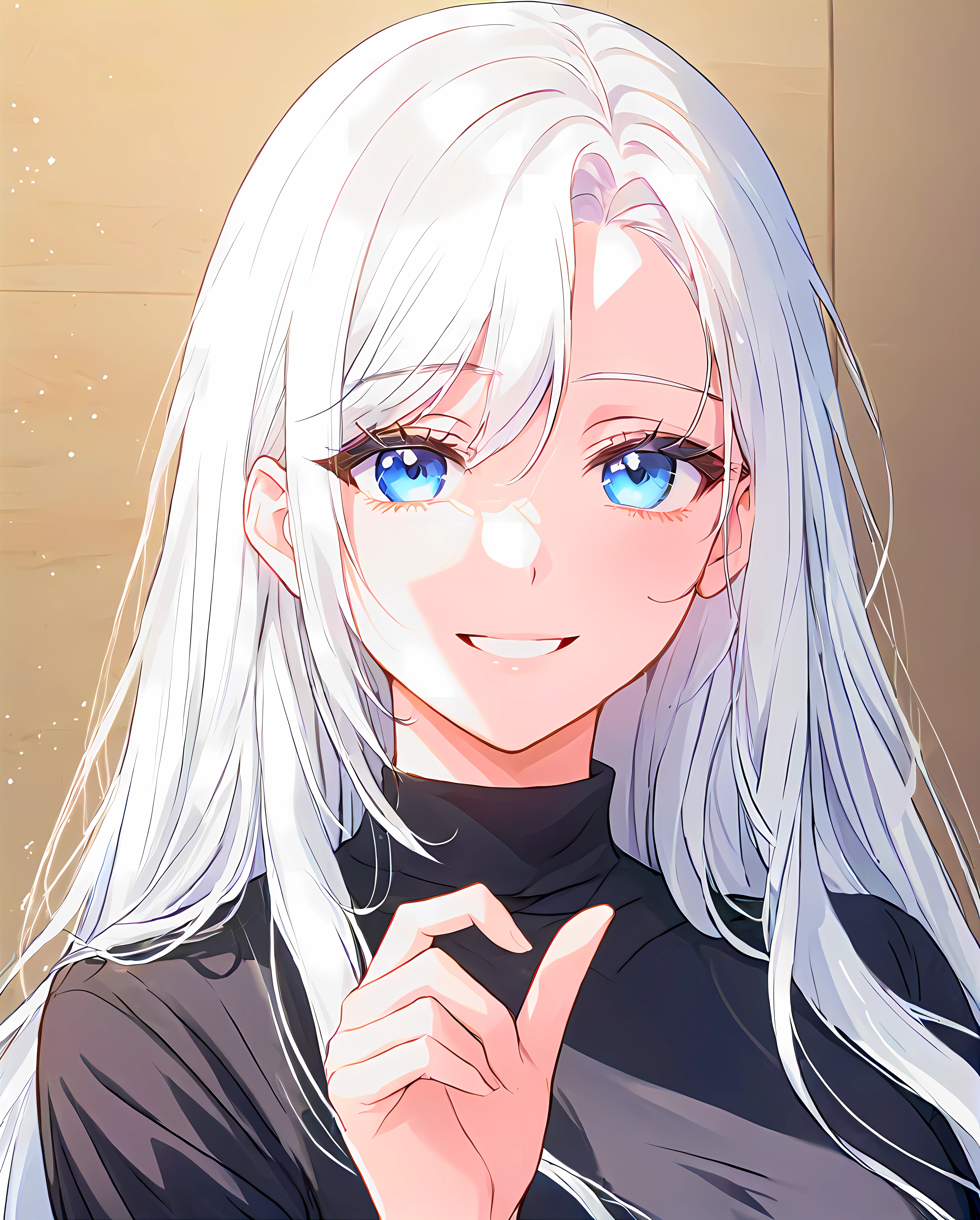 (best quality:1.4), (ultra highres:1.2), (8k, RAW photo:1.2), manhwa-artstyle, 1girl, solo, long hair, looking at viewer, smile, white hair, blue eyes, upper body, black shirt, Perfect Hands, <lora:neg4all_bdsqlsz_xl_V7:0.8>, <lora:Perfect Hands:0.8>,<lora:manhwa-artstyle-000018:0.6>