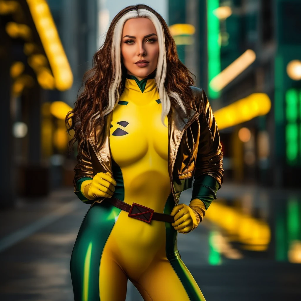 Rogue1024, a woman full body,  wears a yellow and green superhero suit and a jacket, cyberpunk city background, highly detailed,  photography, ultra sharp, film, professional, 64k  <lora:add-detail-xl:1.5> <lora:Rogue1024:0.8>