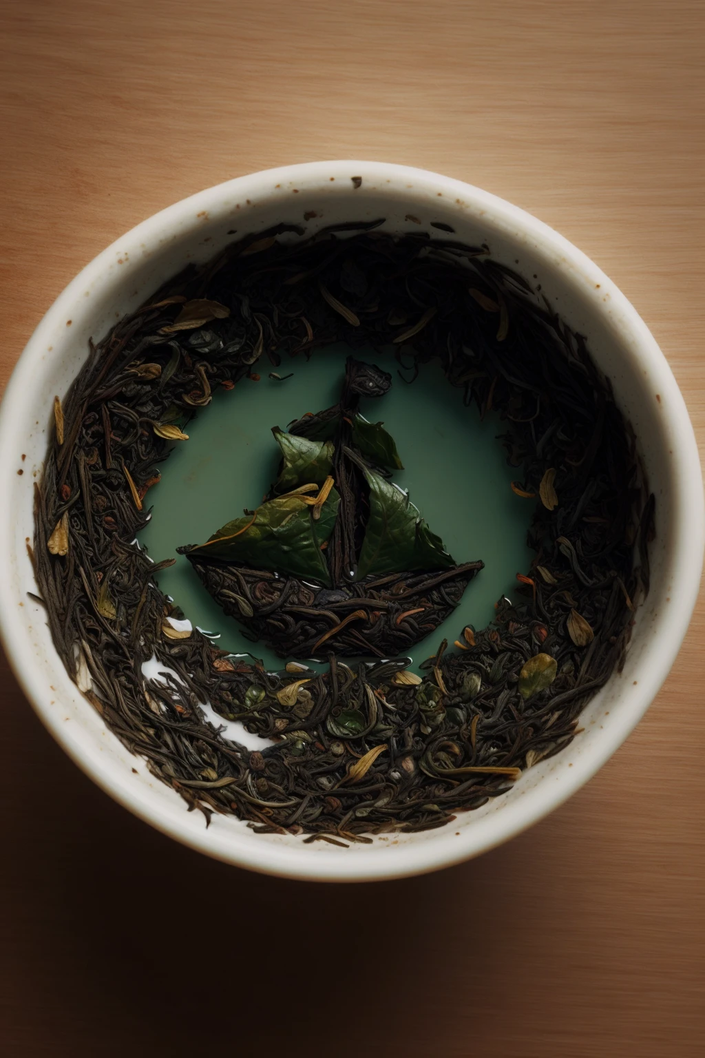 tea leaves forming the shape of a ship on the bottom of an empty tea cup  <lora:Tea_Leaf_Reading_Style_SD15:1.0>