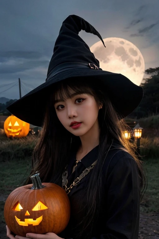 1girl, solo, 8k, realistic, hdr, ultra detailed, wearing a witch outfit with long hair, hallowen theme background with gloomy pumpkin glowing in the dark and full moon, mature body, upper body, wearing witch hat, mole under eye, portrait, flying bat in a distanced sky