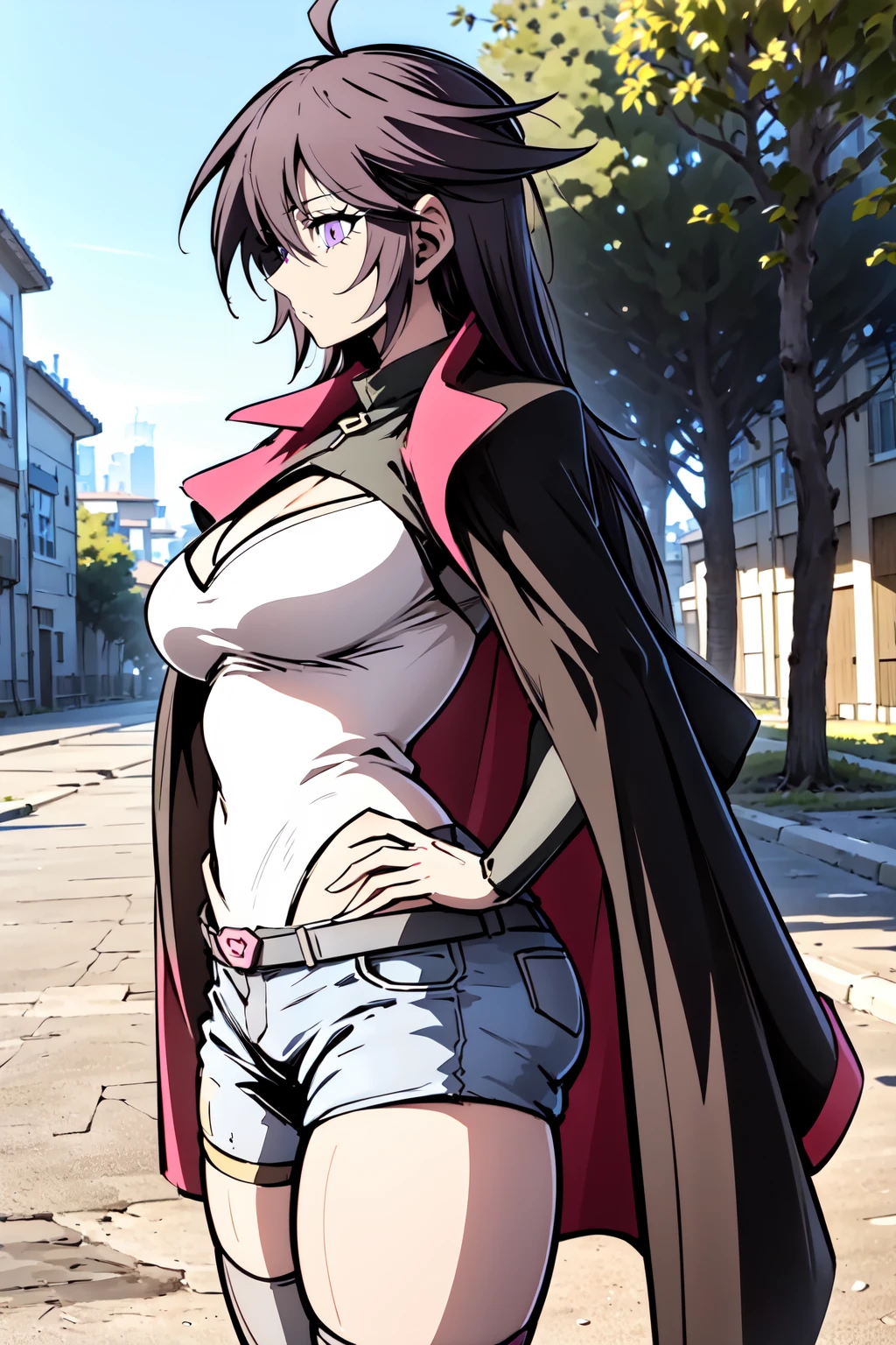 portrait, a woman standing on a street, arms on hips frontal, beautiful eyes, beautiful girl, high detail skin, high detail eyes, high detail hair, highres, ultra detailed, sharpen picture, Highly detailed, masterpiece, best quality, photorealistic, <lora:Violetv2LoRA:1> violet, coat, white leotard, black shorts
