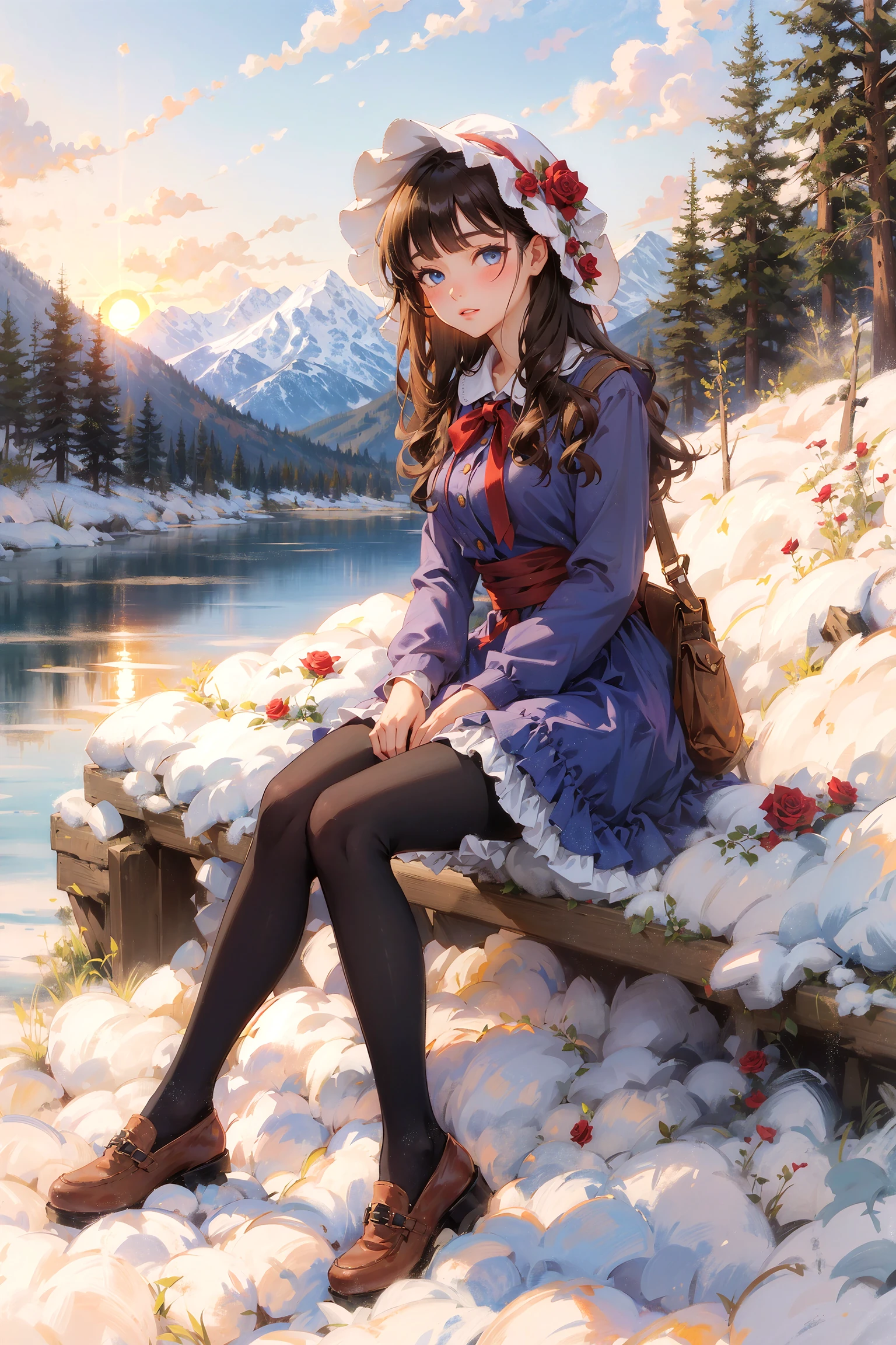 masterpiece,  best quality,  winter,  snow field,  1girl,  bangs,  blue eyes,  blunt bangs,  bonnet,  brown footwear,  brown hair,  dress,  frills,  fruit,  full body,  hat,  long hair,  long sleeves,  looking at viewer,  pantyhose,  purple dress,  red flower,  red rose,  rose,  shoes,  sitting,  solo,  sky,  sun,  mountain,  forest,  lake