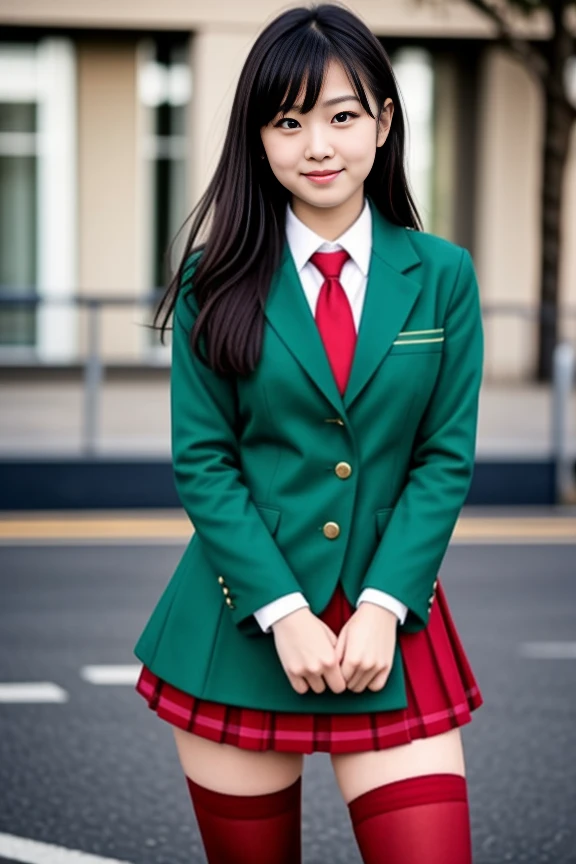 <lora:GRB_School_Dress_By_Stable_Yogi:1>school uniform, green blazer, red skirt, thighhighs