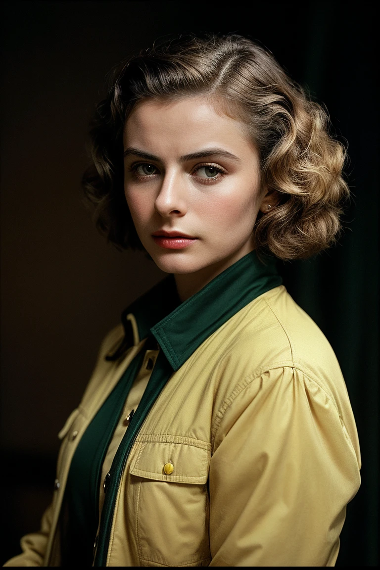 photo of (ibrgmn:0.99), a beautiful woman, (closeup portrait), perfect hair, (modern photo, Yellow Green safari jacket), 24mm, (analog, cinematic, film grain:1.3), ((plain Bear Brown background, gradient:1.2)), detailed eyes, (seductive pose), (epicPhoto), (looking at viewer), (cinematic shot:1.3)