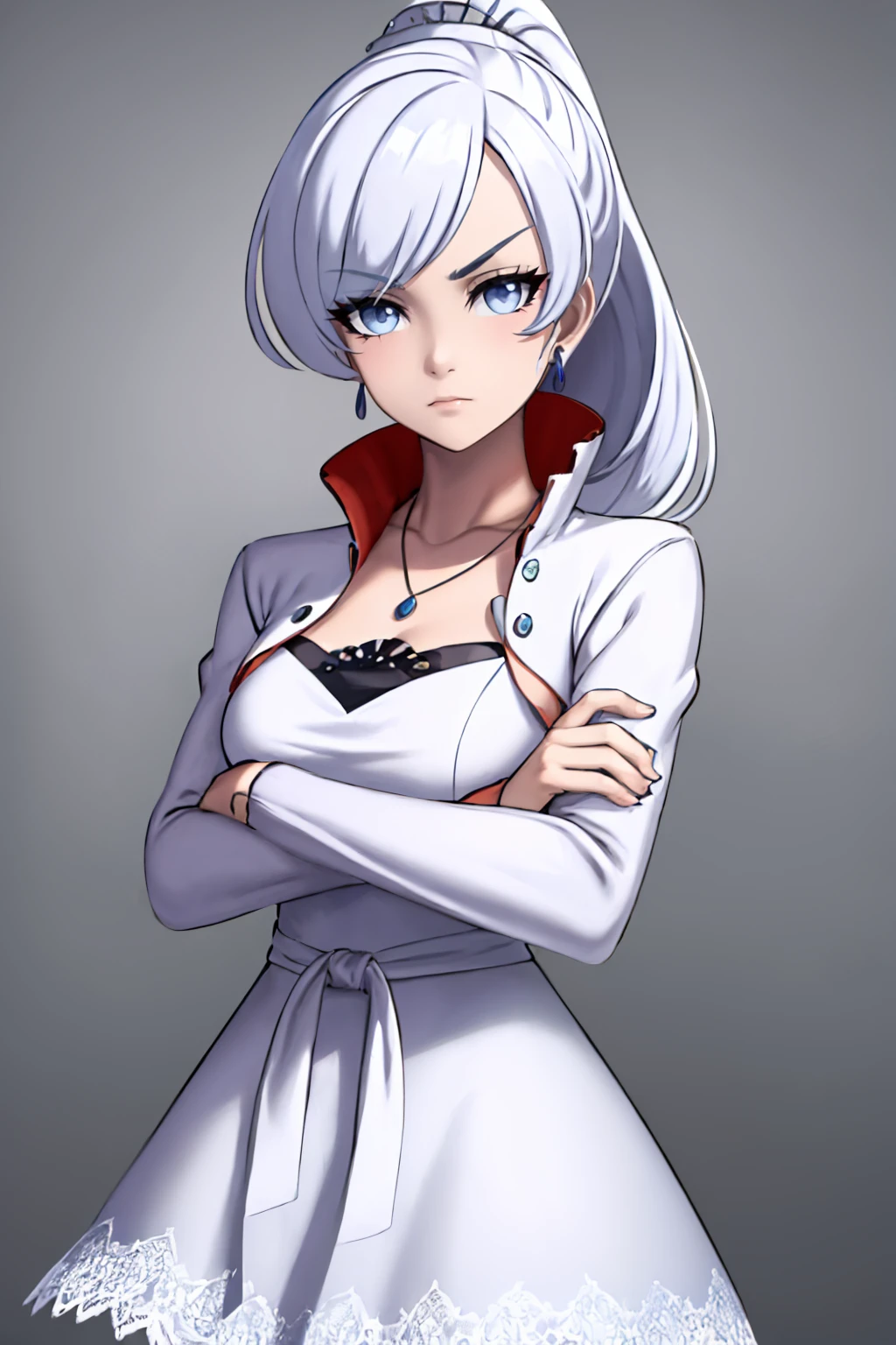 (masterpiece, best quality:1.2), solo, 1girl, weissvale, expressionless, looking at viewer, crossed arms, ponytail, v-shaped eyebrows, white dress, jewelry, necklace, earrings <lora:style_cslucaris-12:1> <lora:rwby_weissschnee:0.8>