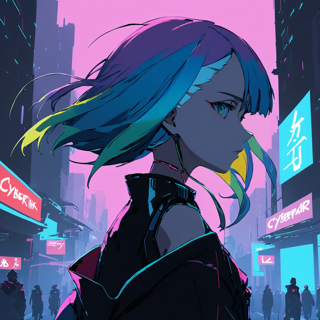 A masterpiece digital art, high resolution, anime style, 4k wallpaper, a head portrait of Lucyna walking on streets with neons, cyberpunk vibe <lora:lucy_xl-000027:1>