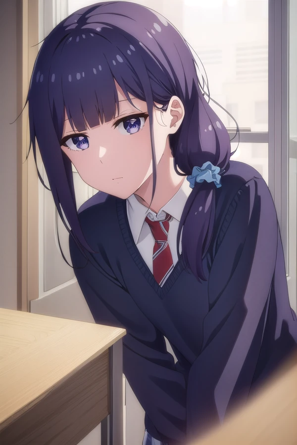 misuzugundou, <lora:misuzu gundou s1-lora-nochekaiser:1>,
misuzu gundou, long hair, bangs, black hair, hair ornament, blunt bangs, scrunchie, hair scrunchie, blue scrunchie, (purple eyes:1.1),
BREAK school uniform, necktie, sweater, red necktie,
BREAK indoors, classroom,
BREAK looking at viewer, (cowboy shot:1.5),
BREAK <lyco:GoodHands-beta2:1>, (masterpiece:1.2), best quality, high resolution, unity 8k wallpaper, (illustration:0.8), (beautiful detailed eyes:1.6), extremely detailed face, perfect lighting, extremely detailed CG, (perfect hands, perfect anatomy),