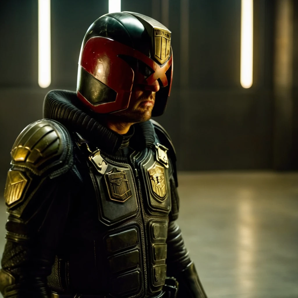 cinematic film still of  <lora:Judge Dredd:1>
Judge Dredd a man in a black leather armor with a helmet on, shallow depth of field, vignette, highly detailed, high budget, bokeh, cinemascope, moody, epic, gorgeous, film grain, grainy