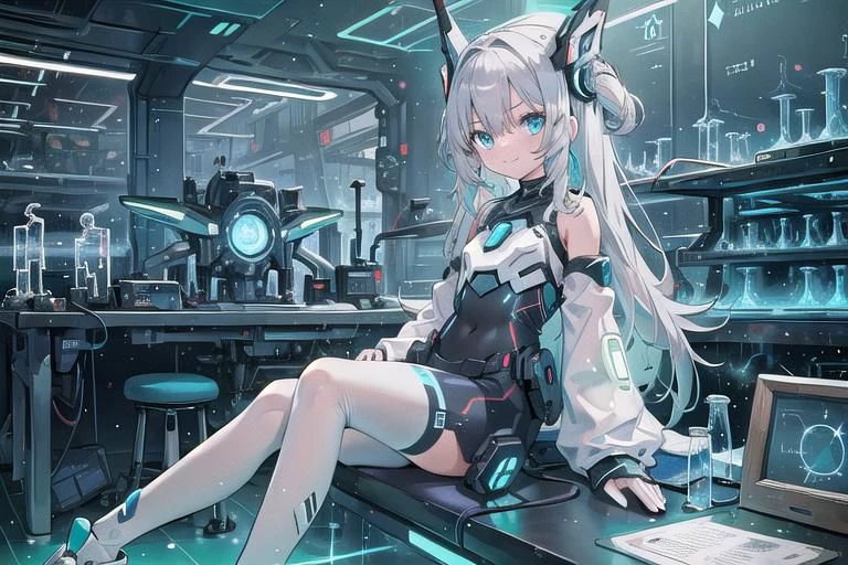 (masterpiece), (science fiction:1.4), 1girl, lying on the back on a mirror, lying on the back on a mirror, lying on the back on a mirror, smile, silver hair, aqua eyes, headgear, long sleeves, detached sleeves, glowing energy clothing, light particles, energy particles, perfect hands, perfect legs