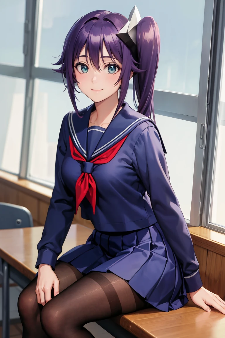 masterpiece, best quality, absurdres, SagiriSchool, side ponytail, shuriken hair ornament, blue serafuku, blue shirt, red neckerchief, long sleeves, blue skirt, black pantyhose, smile, indoors, sitting, classroom, window, <lora:AmenoSagiri:1.0>